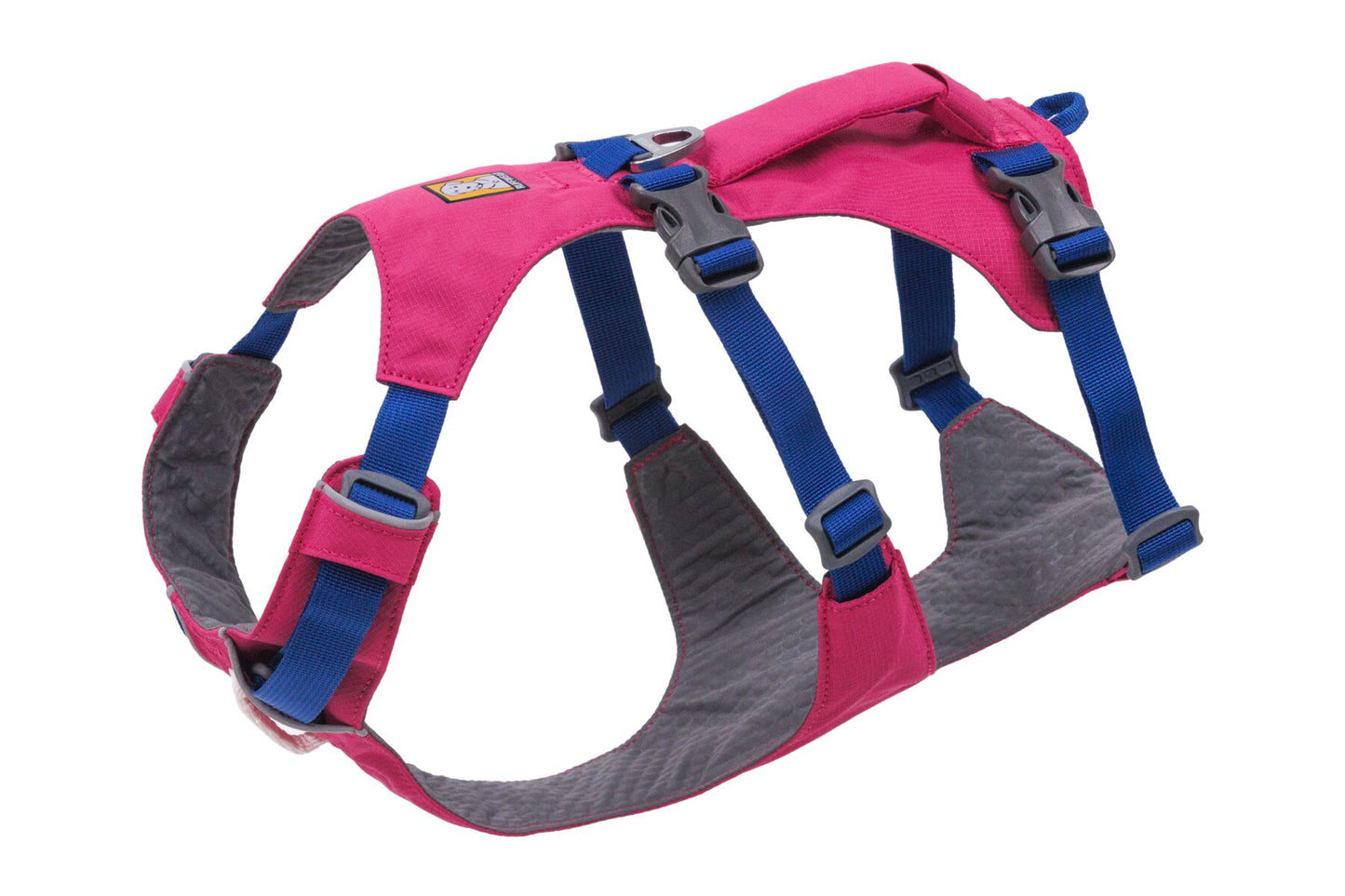 Stock image of the Flagline Harness in Alpenglow Pink, a double-belly strap harness on a white background with a handle.
