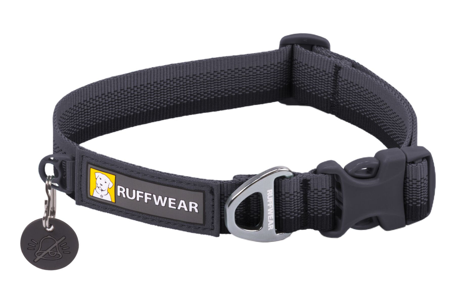 Stock image of the Front Range Collar in Basalt Grey, an everyday collar with a gradient from light to dark, with Ruffwear branding.