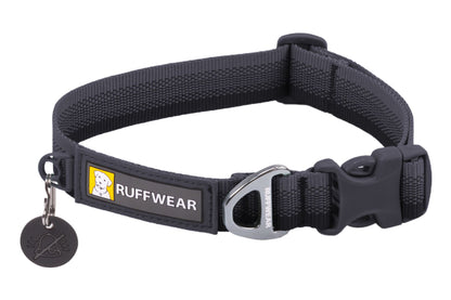 Stock image of the Front Range Collar in Basalt Grey, an everyday collar with a gradient from light to dark, with Ruffwear branding.