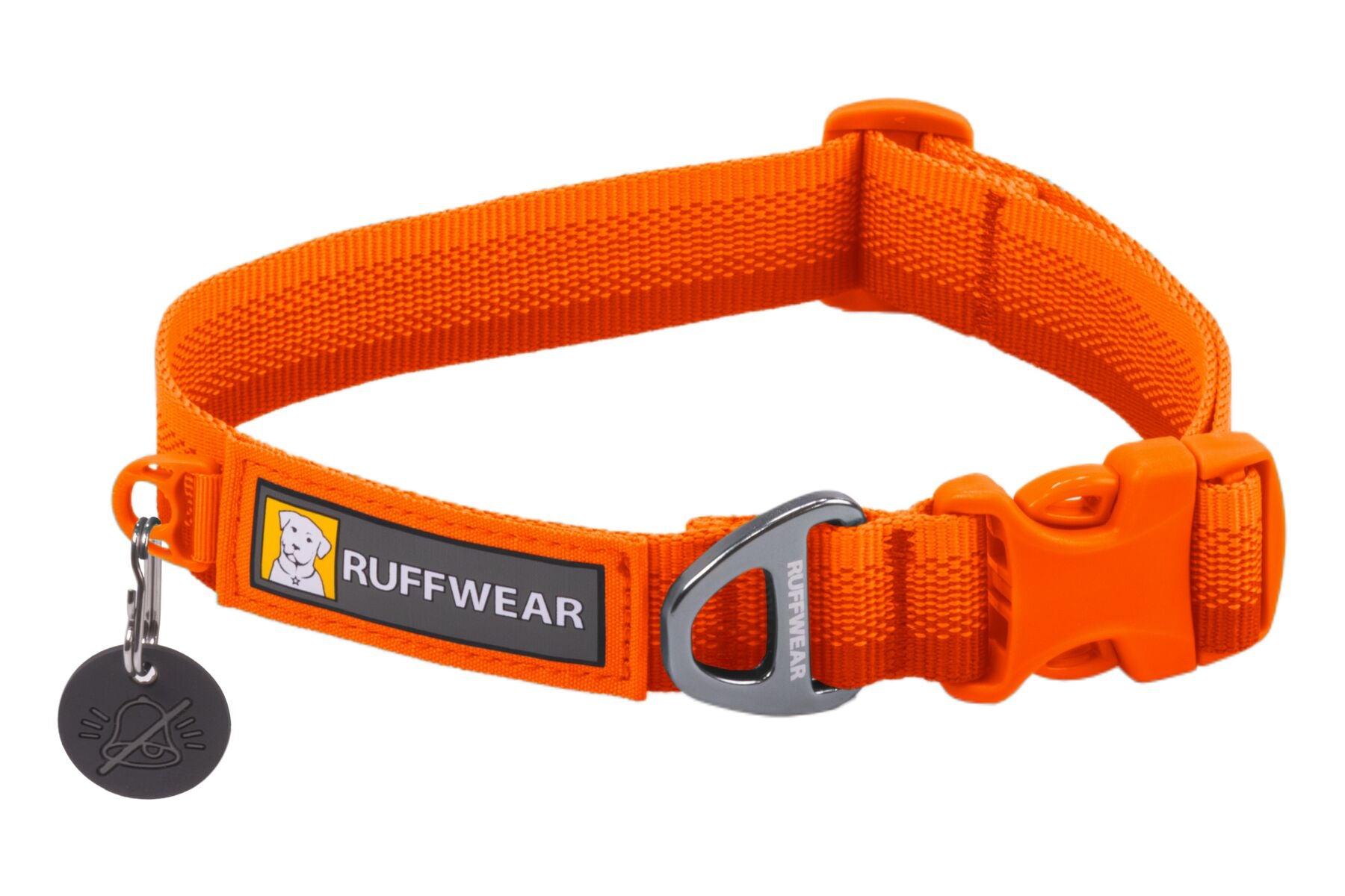 Stock image of the Front Range Collar in Blaze Orange, an everyday collar with a gradient from light to dark, with Ruffwear branding.