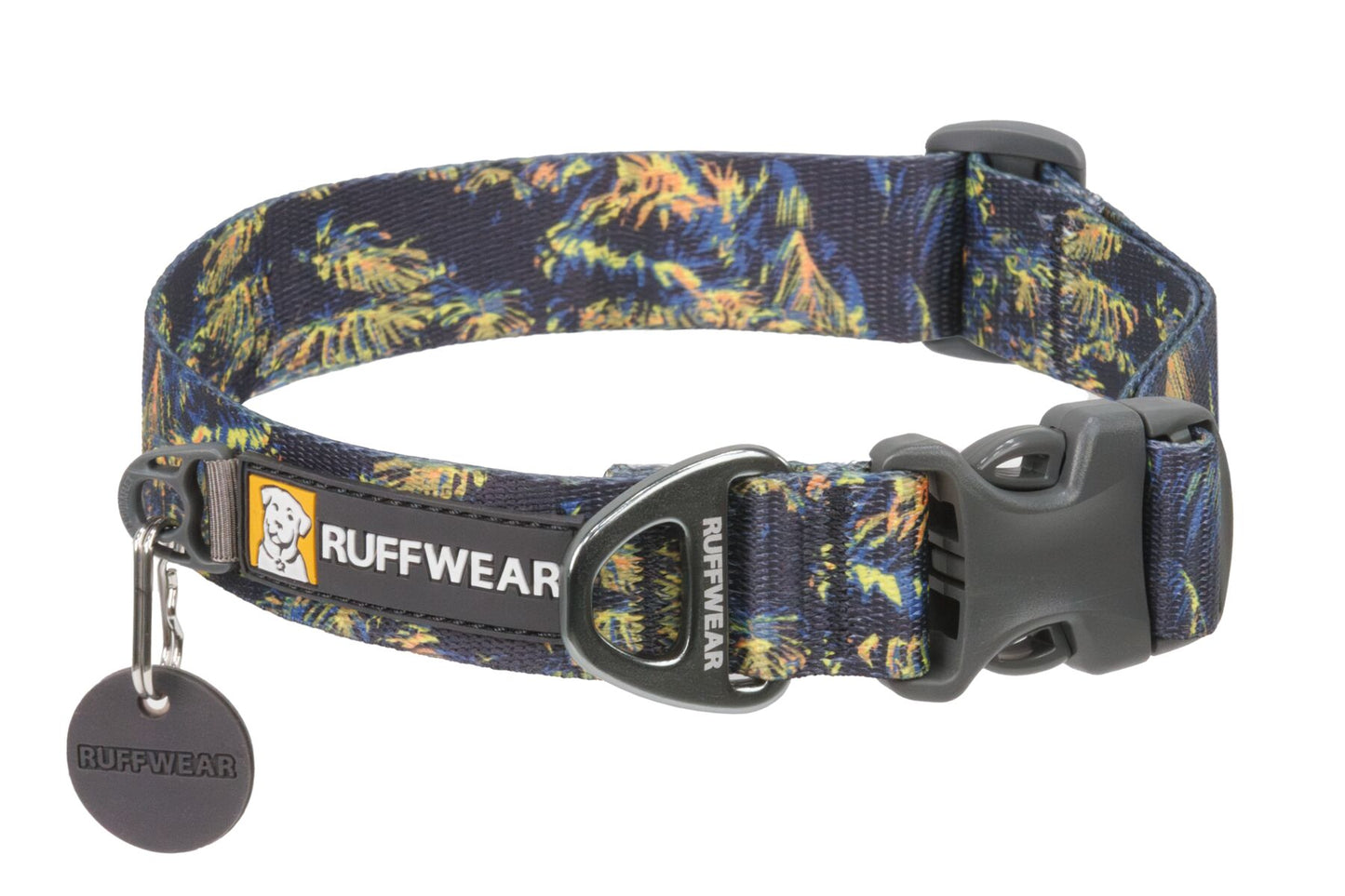 Stock image of the Front Range Collar in Deep Jungle, a patterned dog collar with a jungle leaf design and a plastic buckle, featuring the Ruffwear brand tag.
