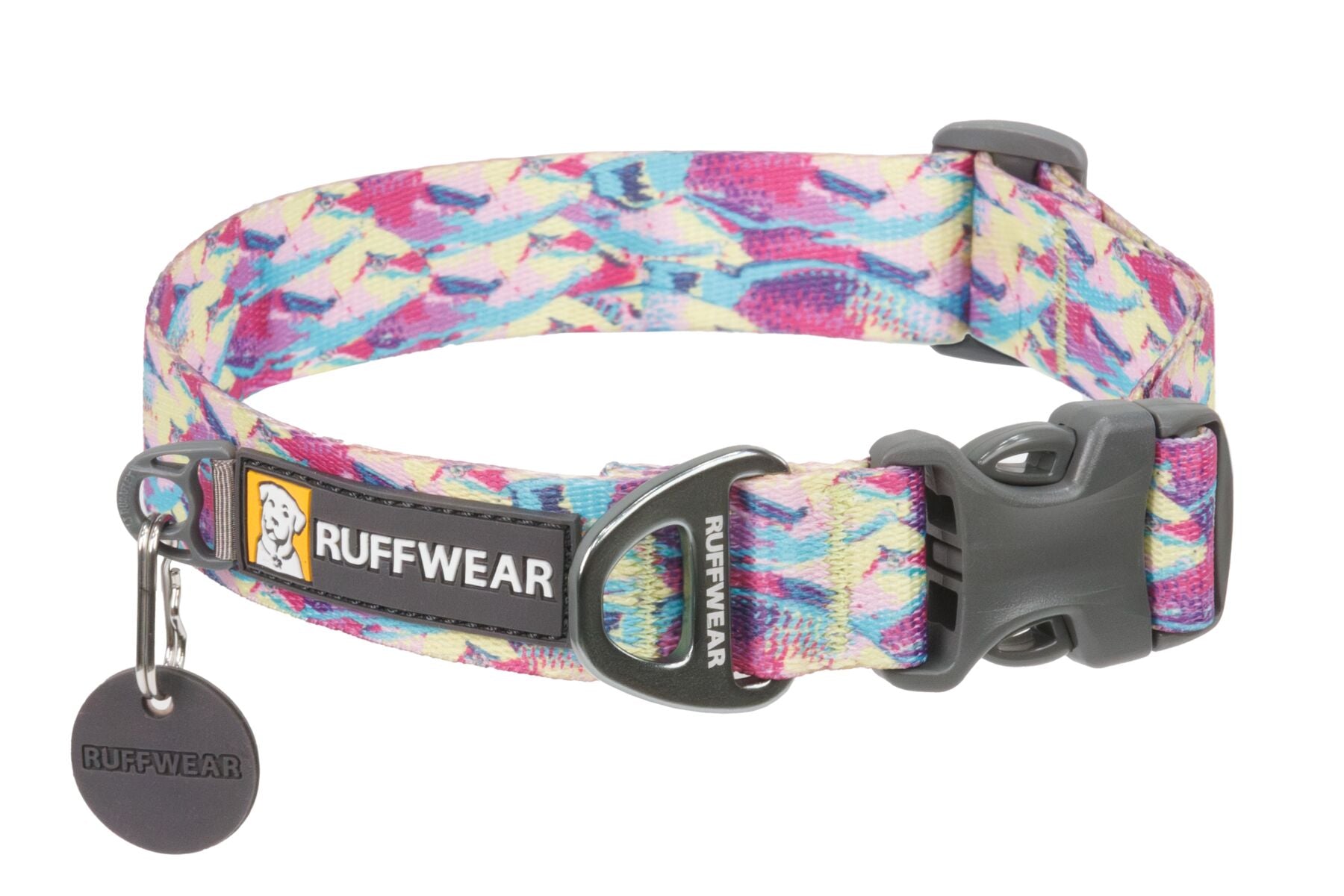 Stock image of the Front Range Collar in Reef Fish, a patterned dog collar and a plastic buckle, featuring the Ruffwear brand tag.