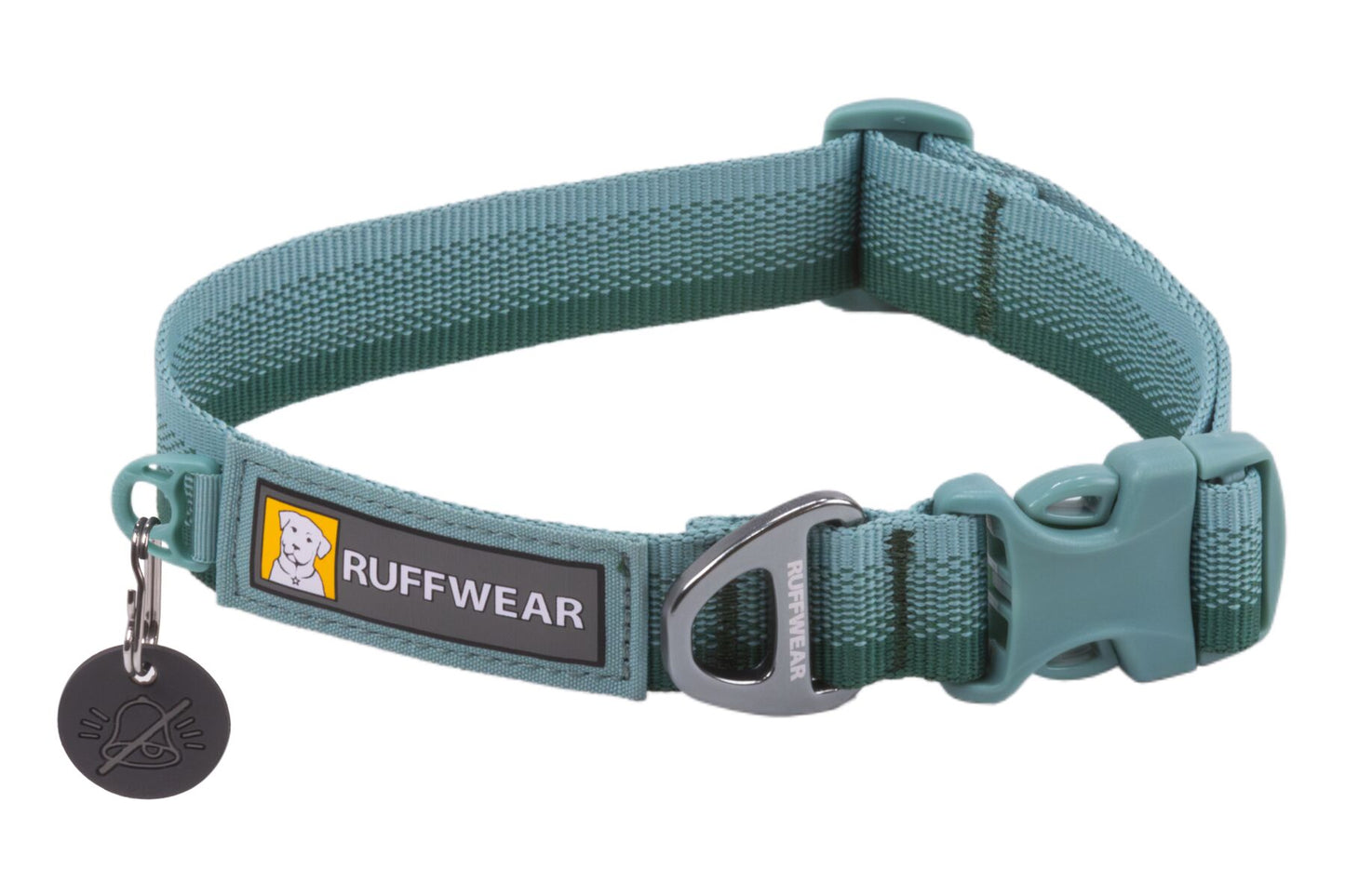 Stock image of the Front Range Collar in River Rock Green, an everyday collar with a gradient from light to dark, with Ruffwear branding.