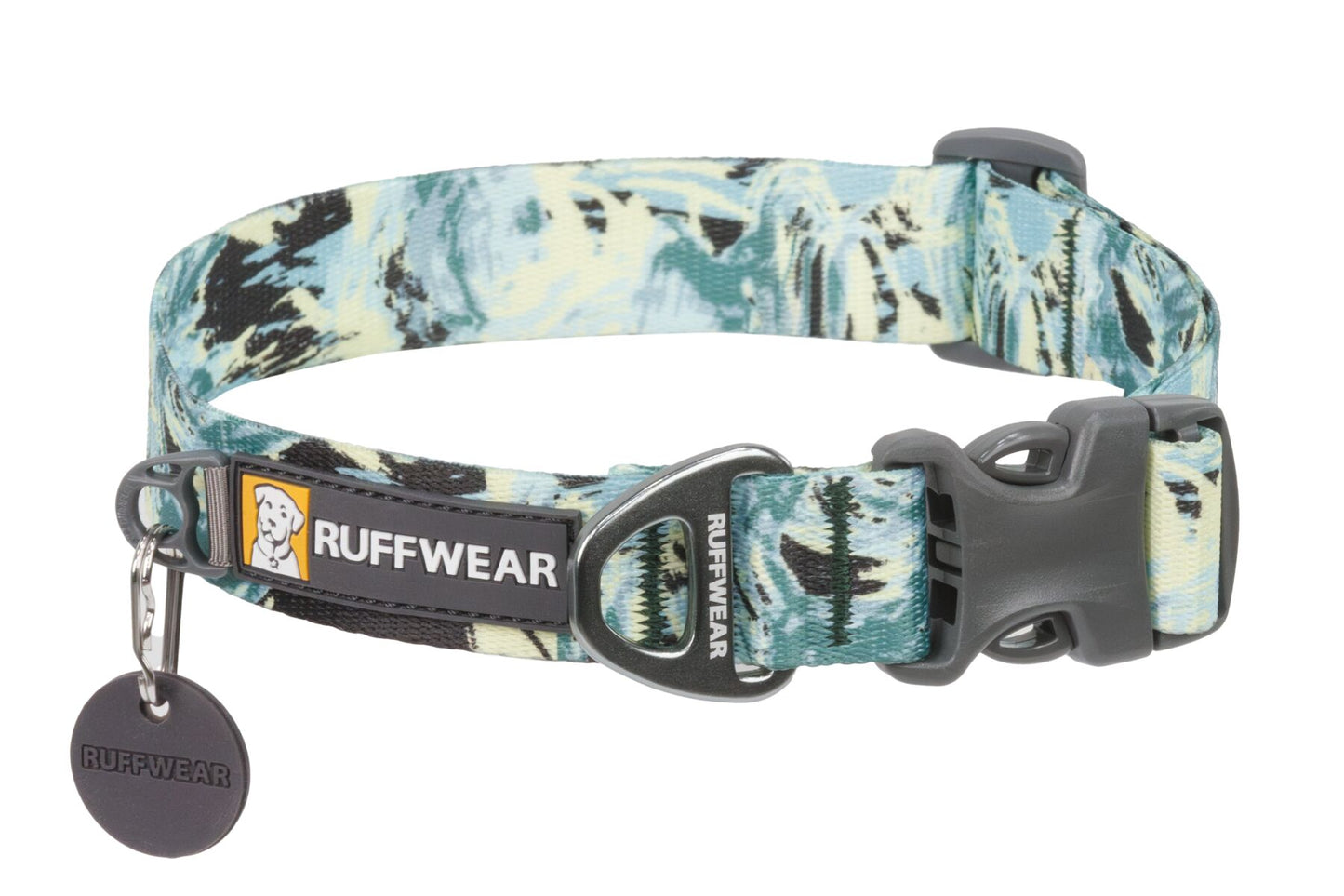 Stock image of the Front Range Collar in Sweeping Sage, a patterned dog collar and a plastic buckle, featuring the Ruffwear brand tag.