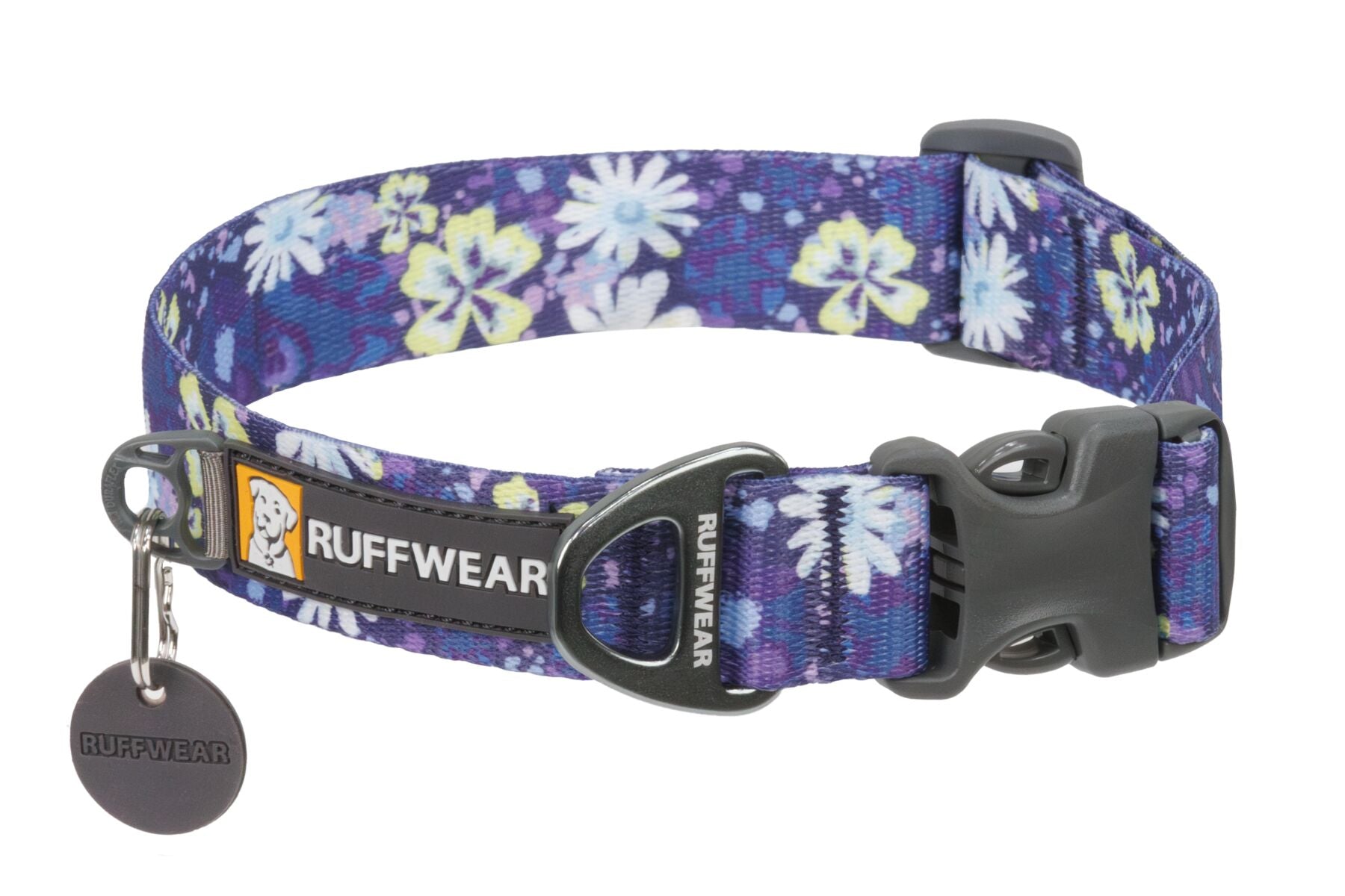 Stock image of the Front Range Collar in Wildflower, a purple, yellow and white patterned dog collar with a floral design and a plastic buckle, featuring the Ruffwear brand tag.