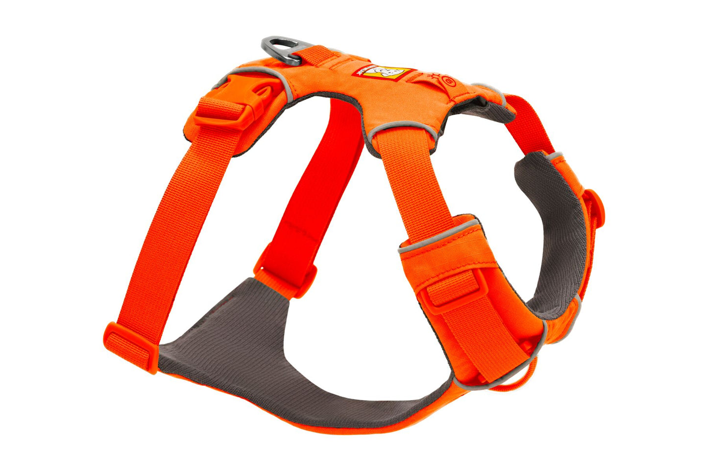 Stock image of the Front Range Harness in Blaze Orange, a harness with a D-ring and front clip, on a white background.