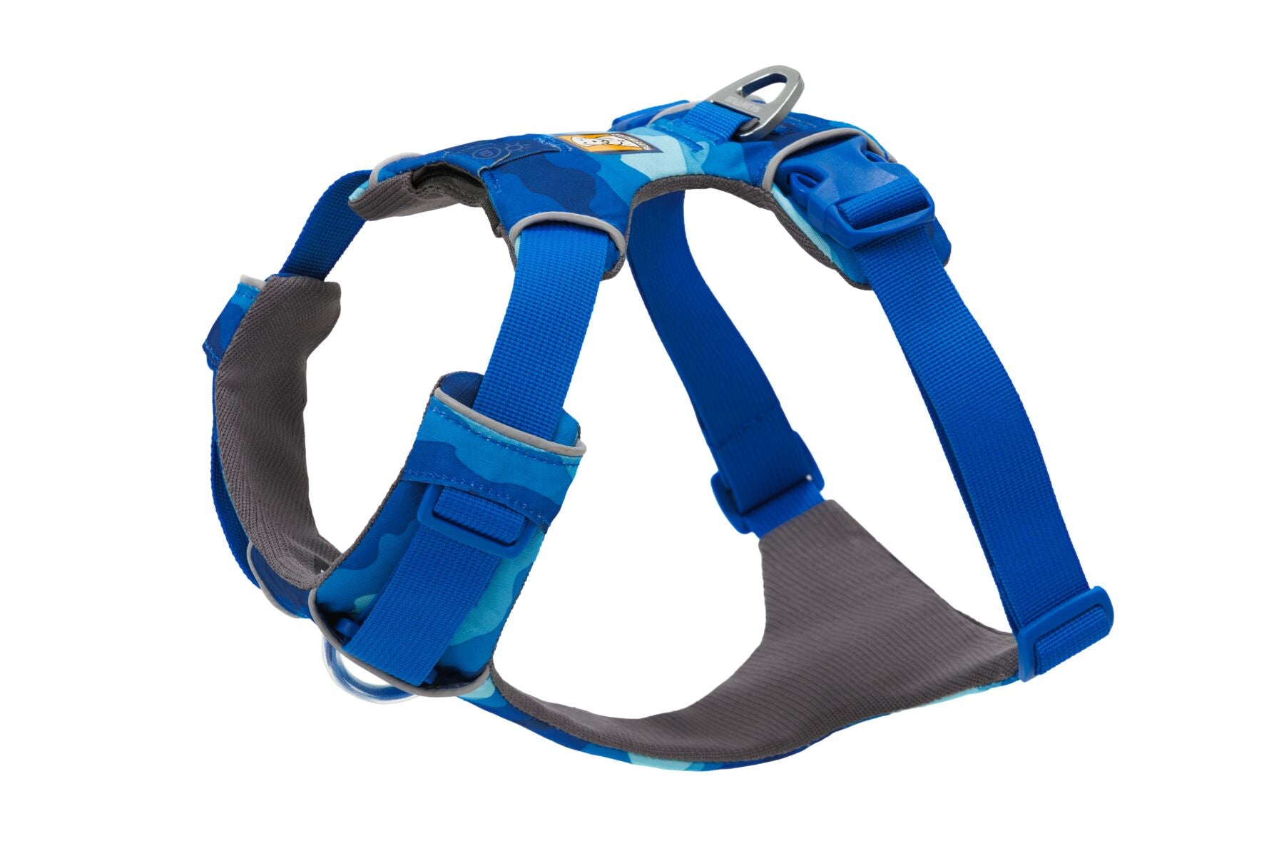 Stock image of the Front Range Harness in Coastal Mountains. a harness with a D-ring and front clip, on a white background.