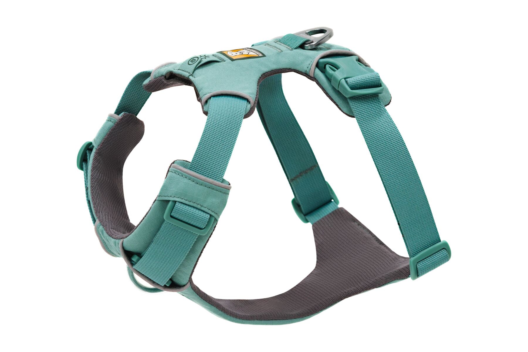 Stock image of the Front Range Harness in River Rock Green, a harness with a D-ring and front clip, on a white background.