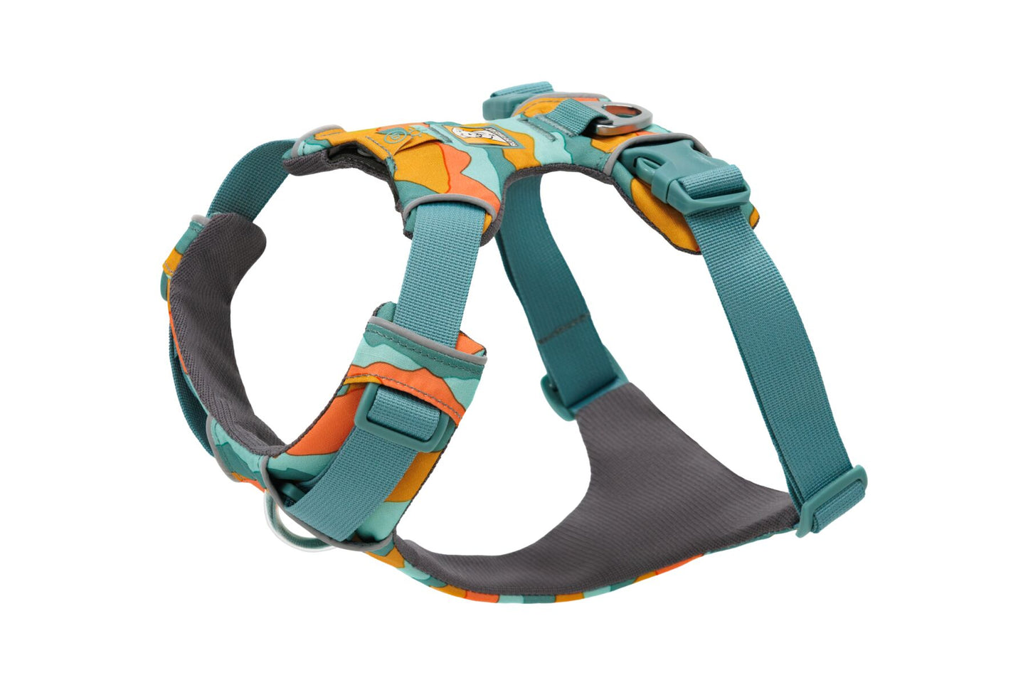 Stock image of the Front Range Harness in Spring Mountains, a harness with a D-ring and front clip, on a white background.