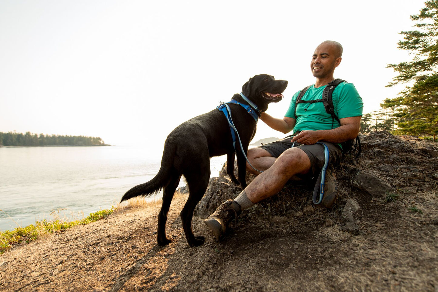 Lifestyle image of the Front Range Lead, clipped into a dog's harness while the dog and their owner sit on a rock.