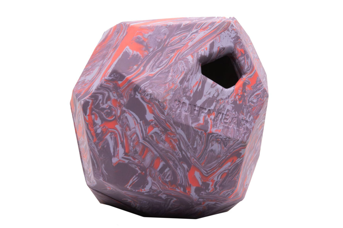 Stock image of the Gnawt-a-Rock in Purple Orchid, an irregular shaped dog toy with a hole in it, against a white background.