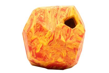 Stock image of the Gnawt-a-Rock in Salamander Orange, an irregular shaped dog toy with a hole in it, against a white background.