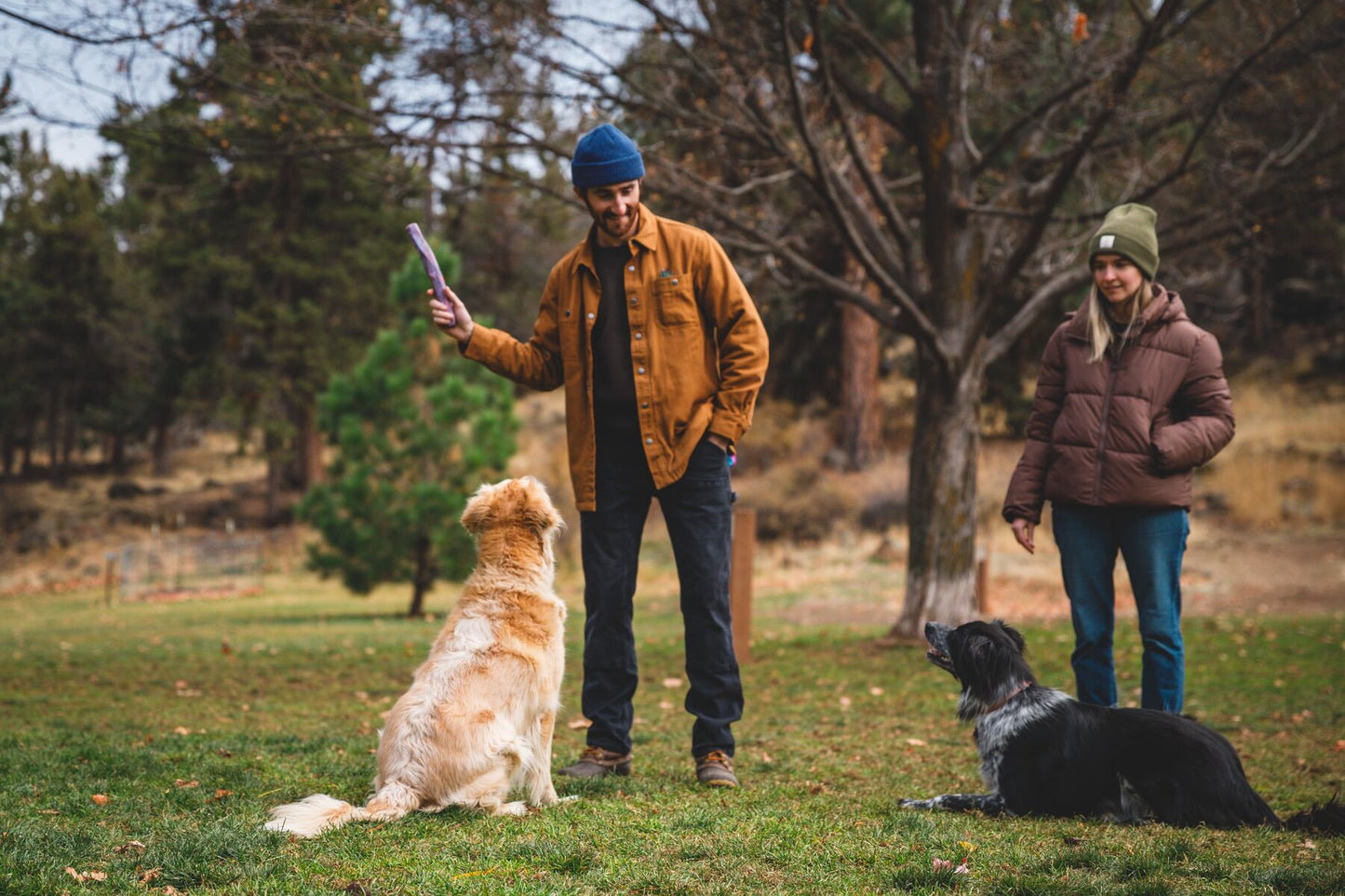 Lifestyle image of the Gnawt-a-Stick being held above 2 dogs, while they wait for it to be thrown. 2 people are dressed in warm clothing, with a park background.