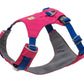 Stock image of the Hi & Light Harness in Alpenglow Pink, a pink and dark blue harness on a white background.