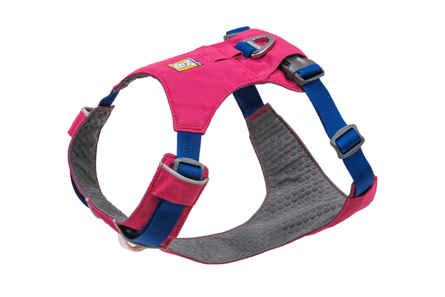Stock image of the Hi & Light Harness in Alpenglow Pink, a pink and dark blue harness on a white background.