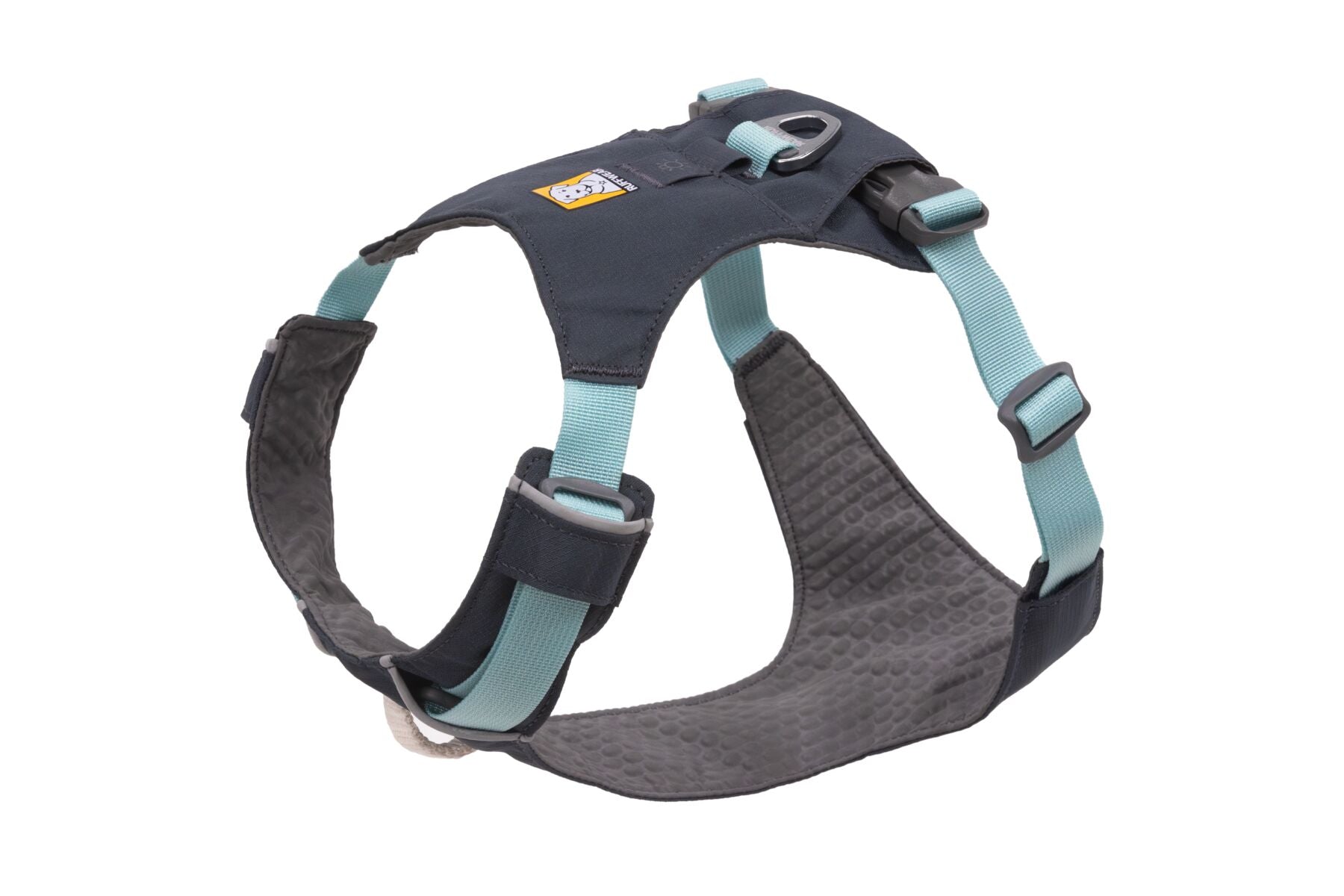 Stock image of the Hi & Light Harness in Basalt Grey, a grey and light blue harness on a white background.