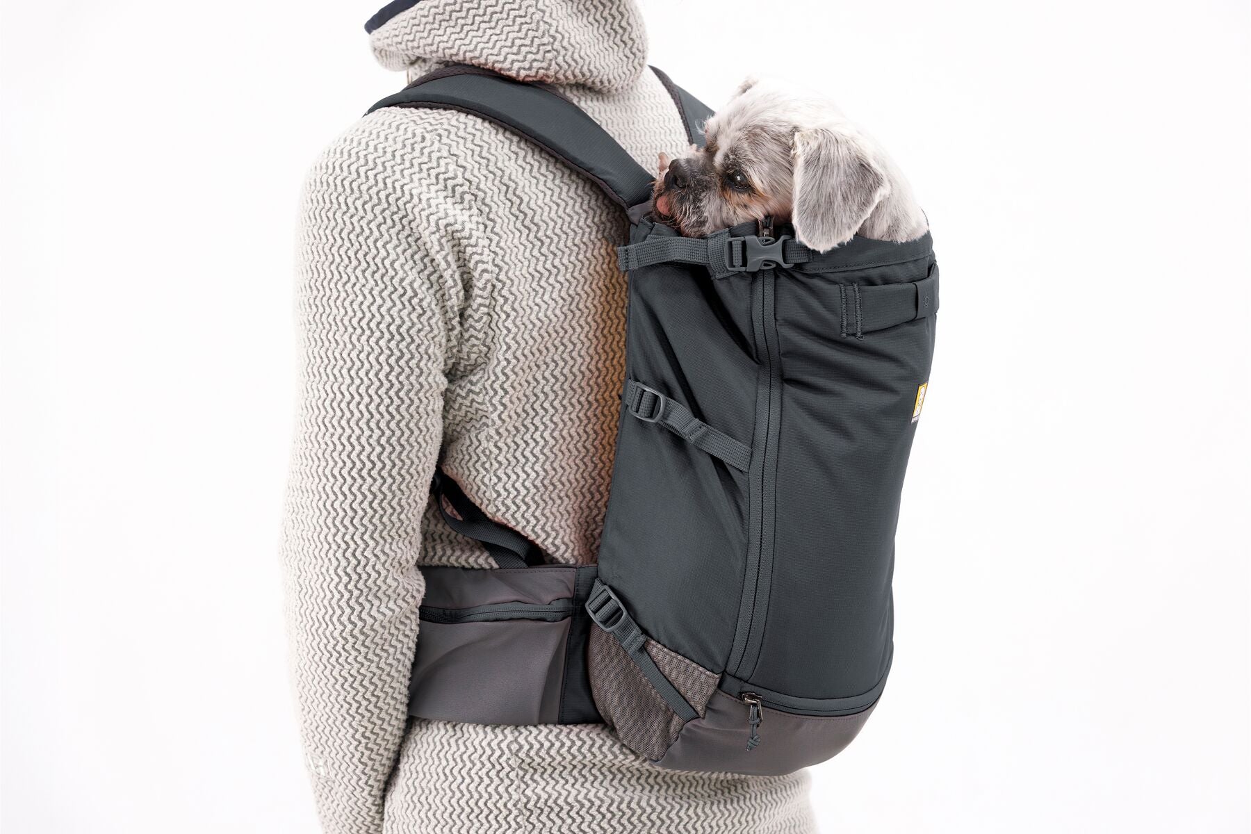 Stock image of the Hitch Hiker Carrier in Basalt Grey, being worn on the back of someone, on a white background.