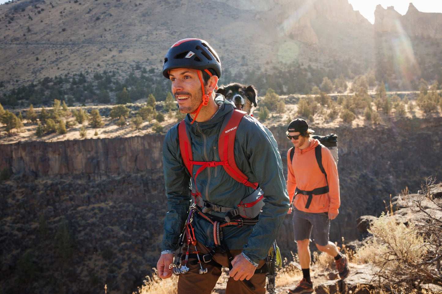 Lifestyle image of the Hitch Hiker Carrier, showing a dog on the back of someone doing a hike, with other people hiking alongside some rough terrain.