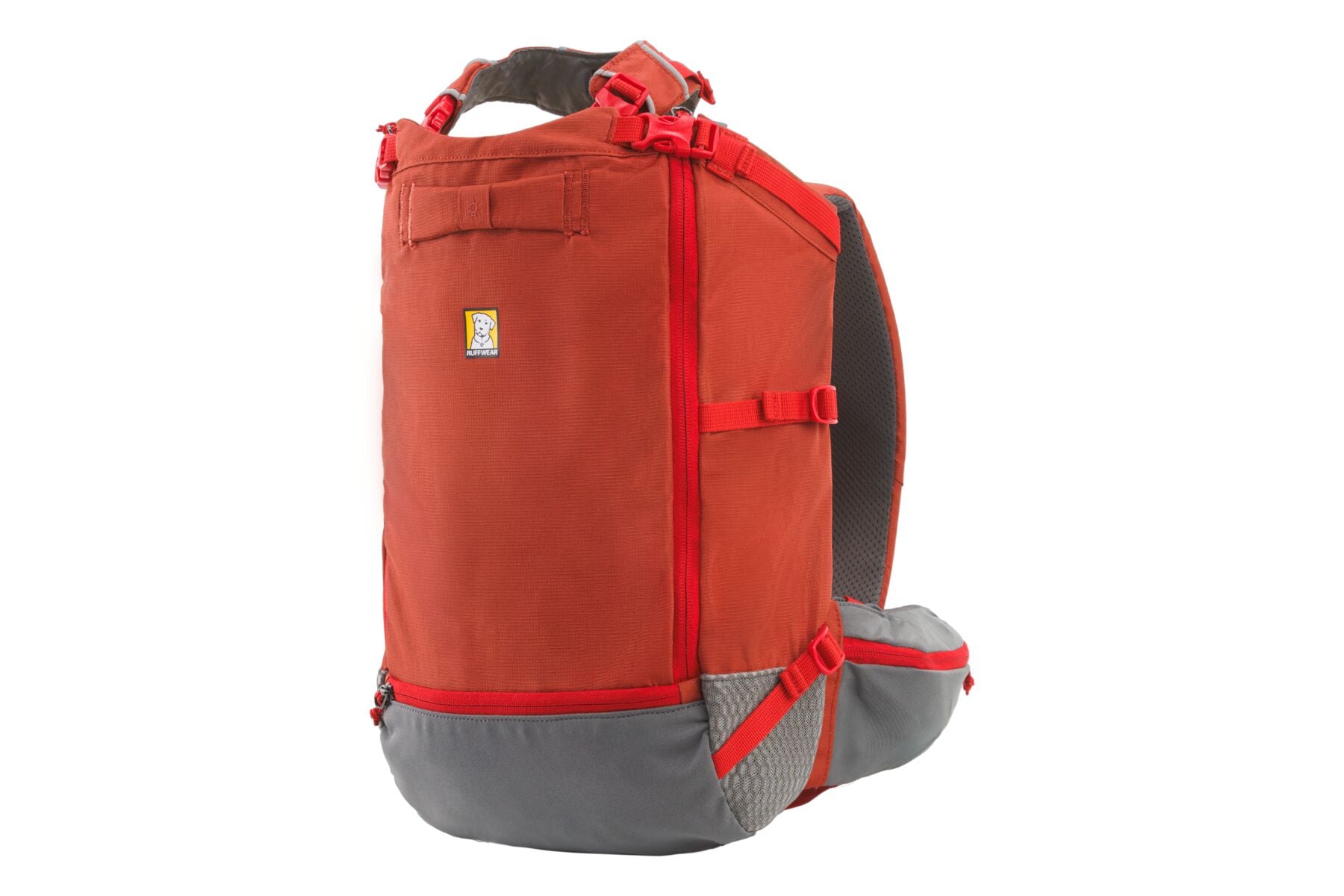 Stock image of the Hitch Hiker Carrier in Red Clay, a red backpack on a white background.