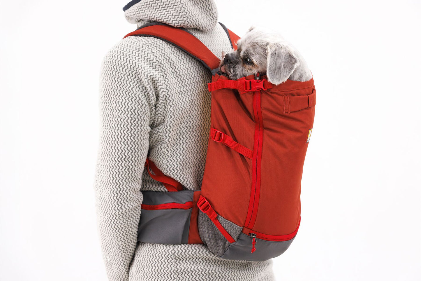 Stock image of the Hitch Hiker Carrier in Red Clay, being worn on the back of someone, on a white background.