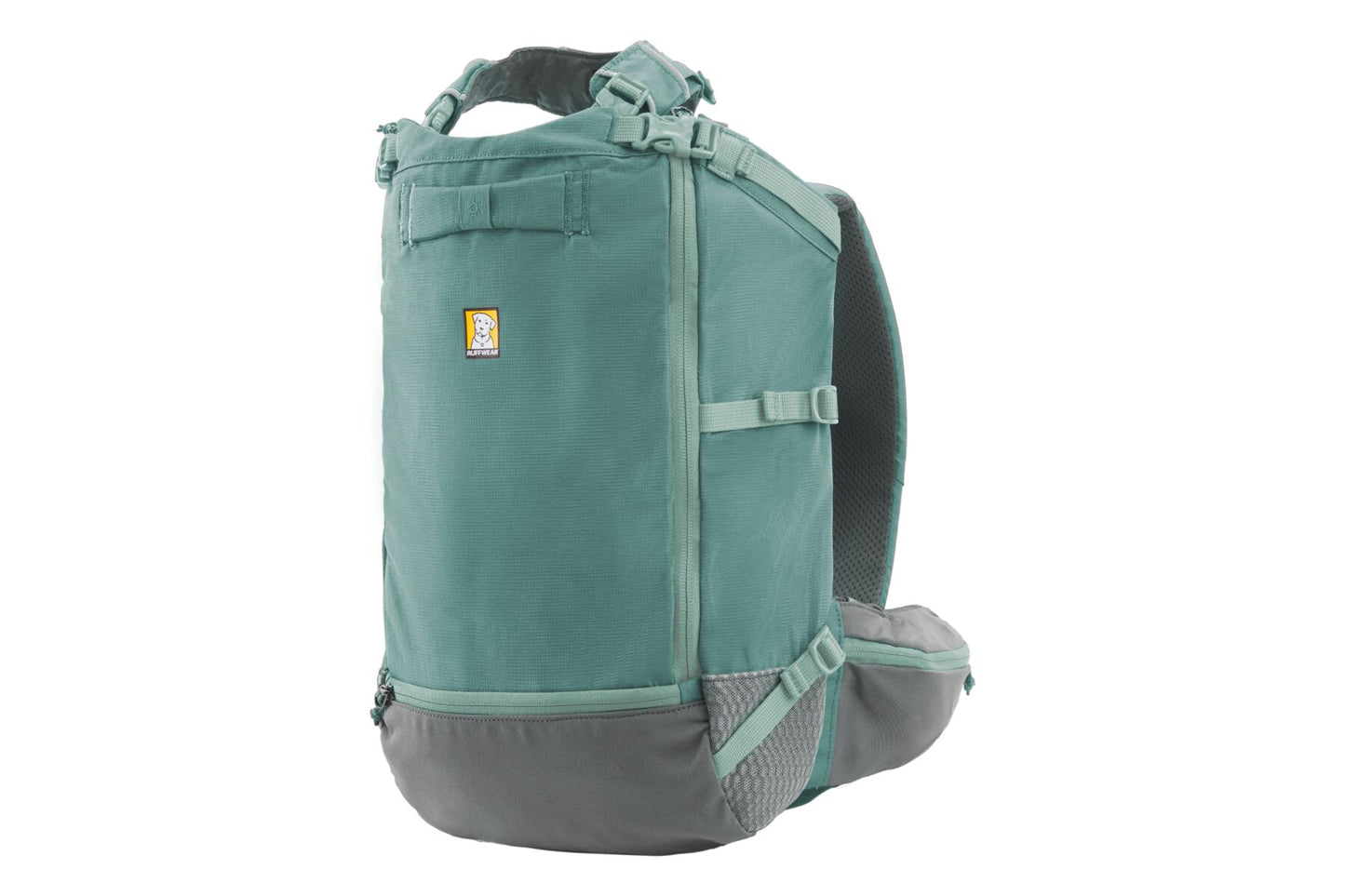 Stock image of the Hitch Hiker Carrier in River Rock Green, a green backpack on a white background.
