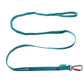Stock image of the Touring Bungee Lead, a teal dog lead with a carabiner and handle, with a white background.