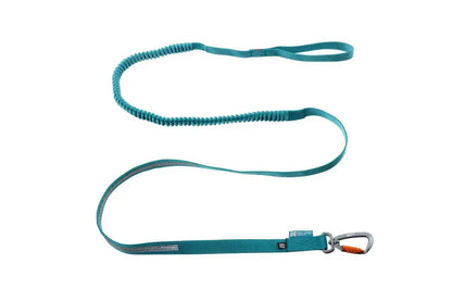 Stock image of the Touring Bungee Lead, a teal dog lead with a carabiner and handle, with a white background.