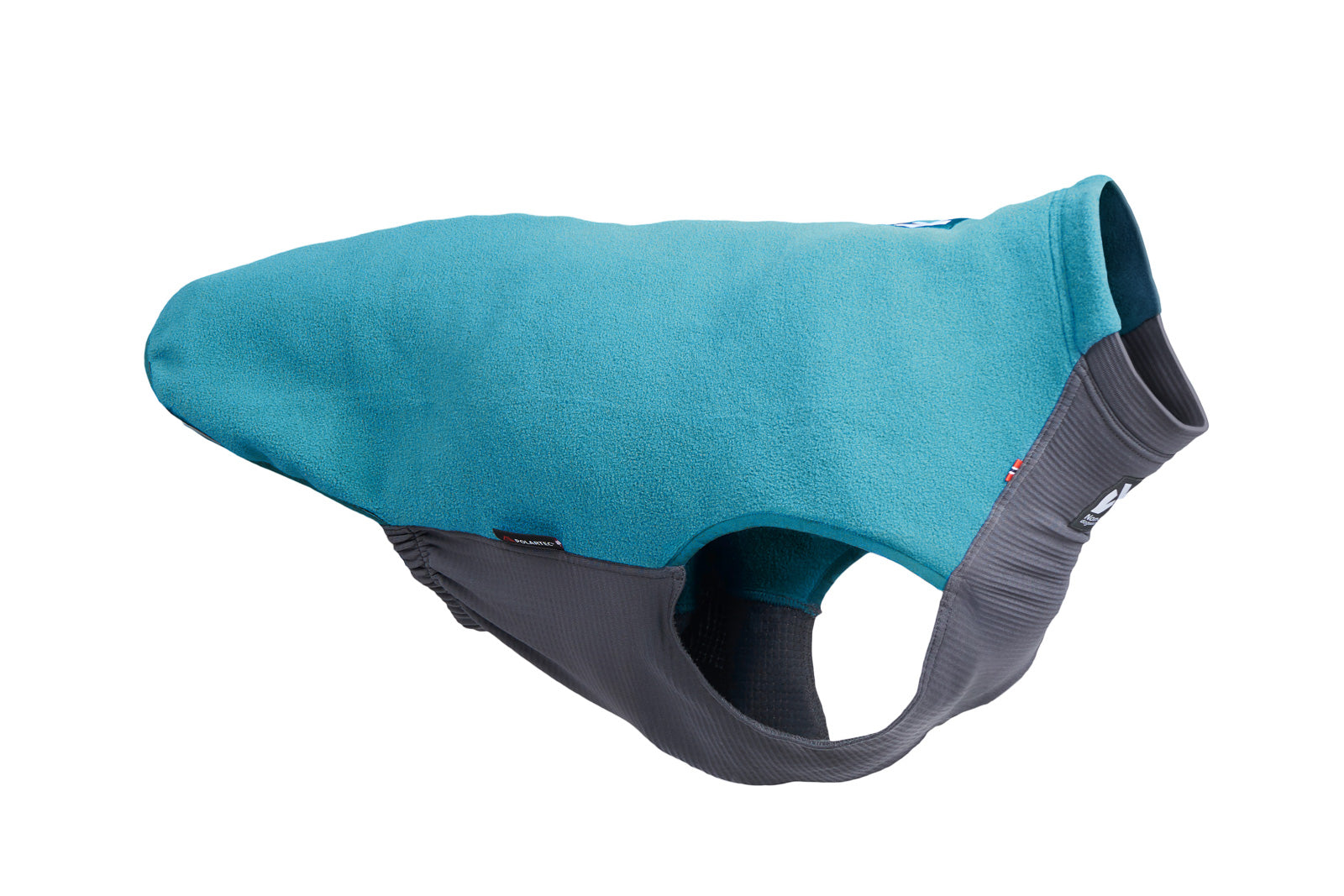Stock image of the Trail Quest Fleece Pullover, a grey and blue fleece dog coat, on a white background.