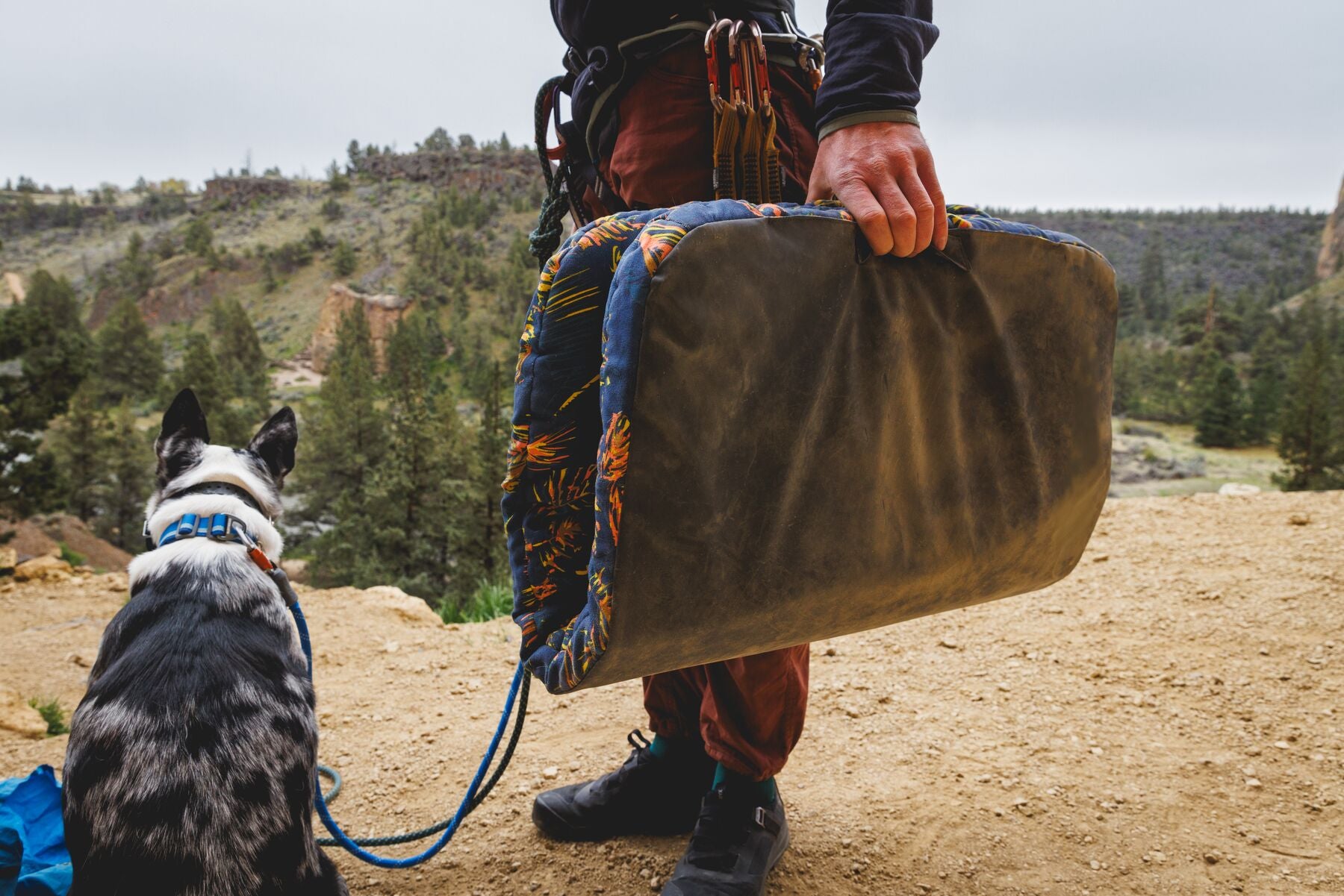 The Ruffwear Basecamp Bed being carried by a dog's owner. Their dog is on a lead next to them, with trees in the background.