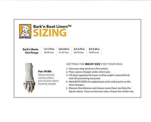 Ruffwear Bark'n Boot Liners sizing chart.