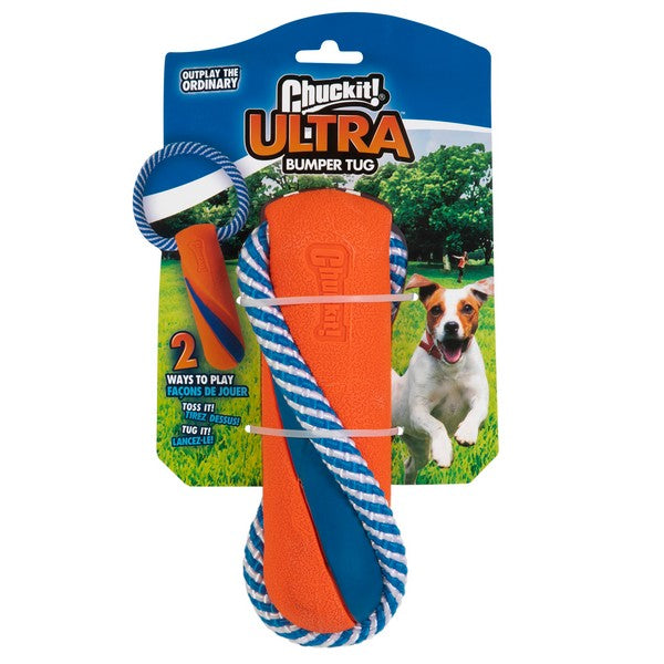 The Chuckit! Ultra Bumper Tug on its packaging, featuring a happy dog and grass details on the cardboard.