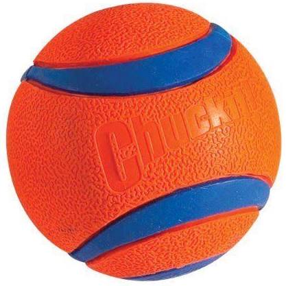 Stock image of the Chuckit! Ultra Ball on a white background. Ball features ChuckIt! branding with orange and blue.