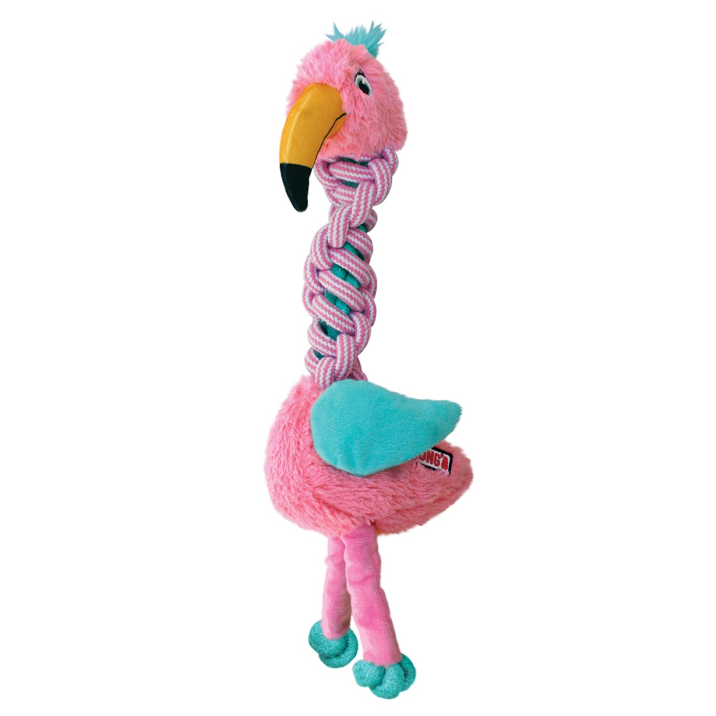 Stock image of the KONG Knots Twists Flamingo, a plush flamingo toy with a rope neck, against a white background.
