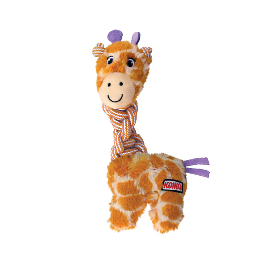 Stock image of the KONG Knots Twists Giraffe, a plush giraffe toy with a rope neck, against a white background.
