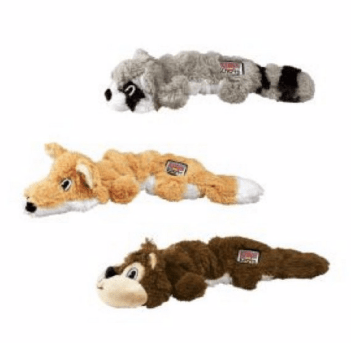 Stock image of the 3 available Scrunch Knot toys - raccoon, fox and squirrel, against a white background.
