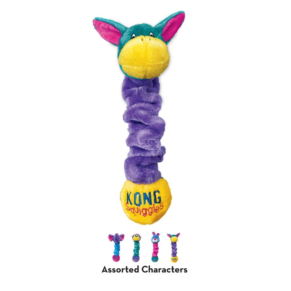 Stock image of the KONG Squiggles, showing all the assorted characters available, on a white background.