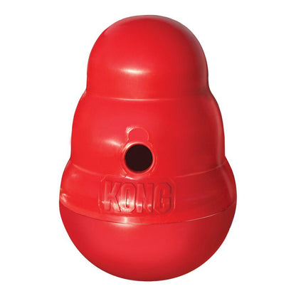 Stock image of a KONG Treat Wobbler, a red toy with KONG branding along the front, on a white background.