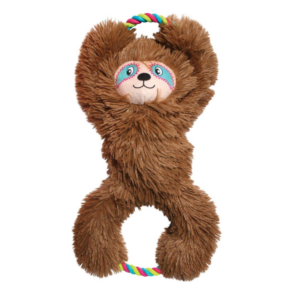 Stock image of the KONG Tuggz Sloth, a fluffy sloth with rope details, against a white background.