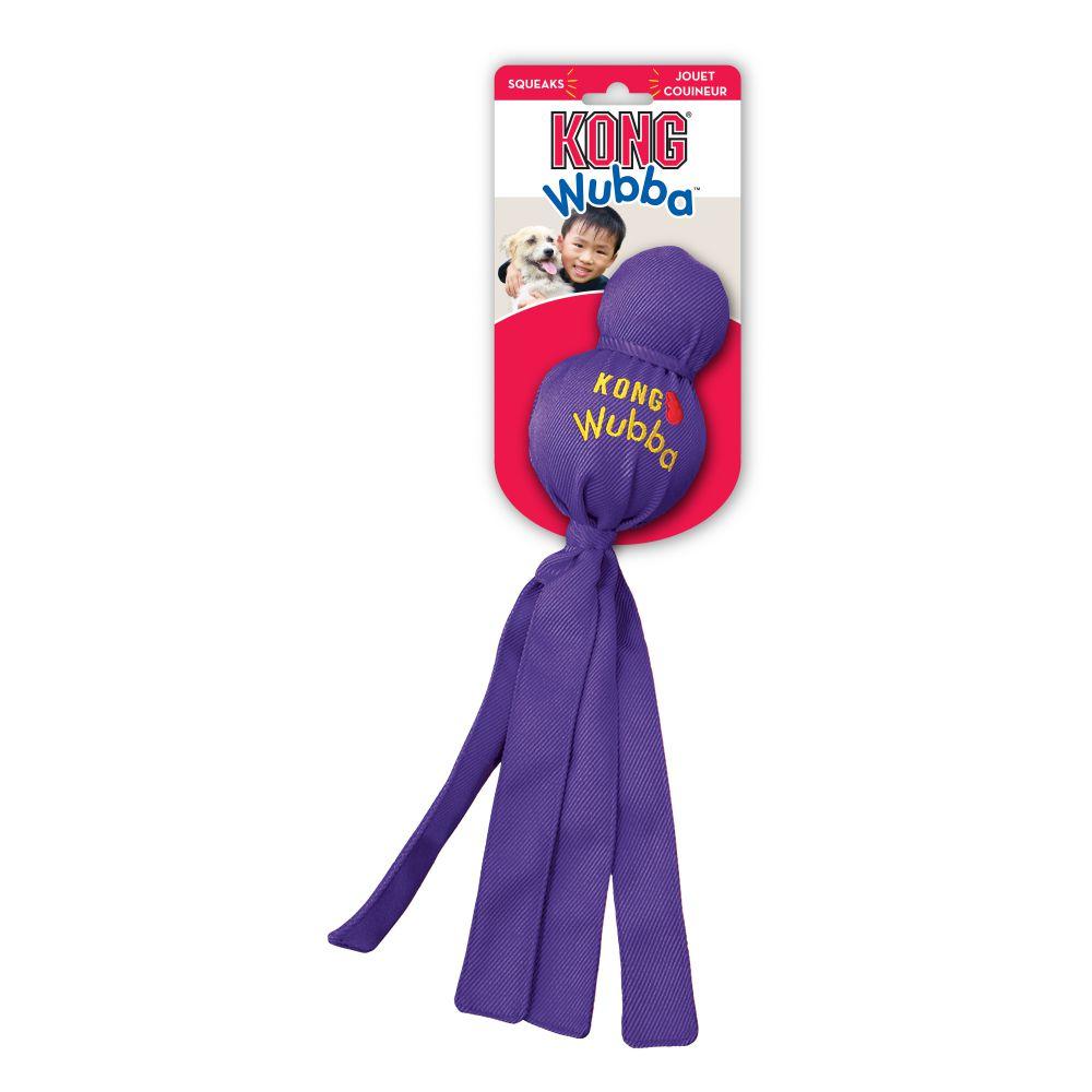 Stock image of the KONG Wubba, a purple, KONG-branded toy, on a white background.