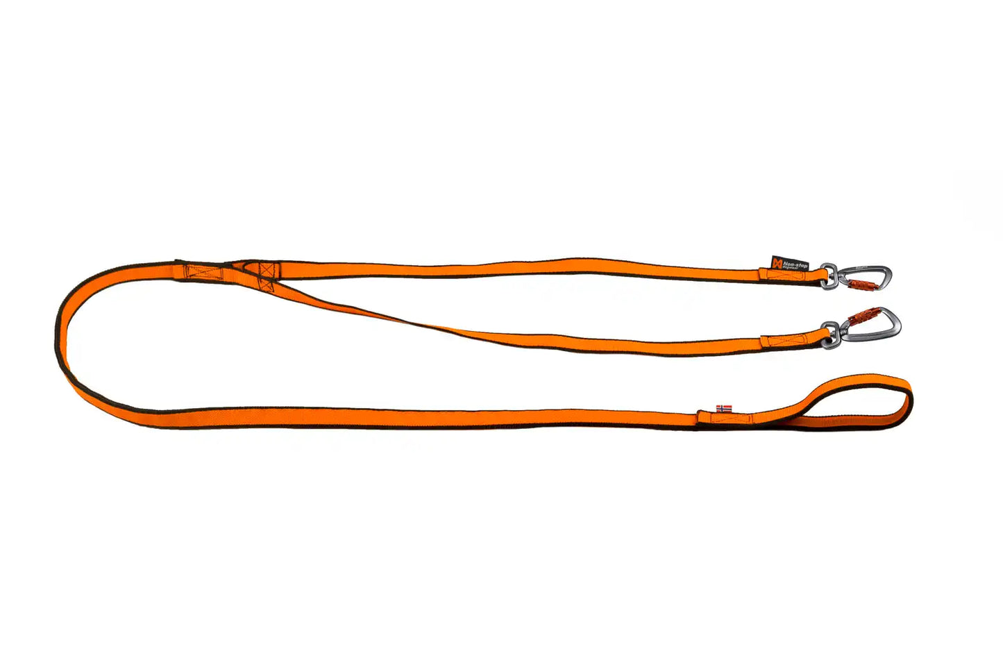Stock image of the Bungee Double Lead, an orange lead with two carabiners for attaching to two harnesses, on a white background.