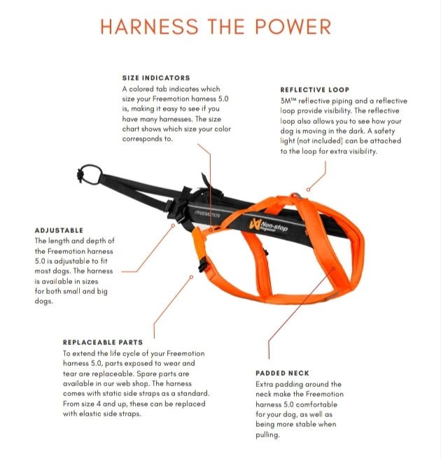 Infographic of the key features of the Freemotion Harness v5, with 5 points.