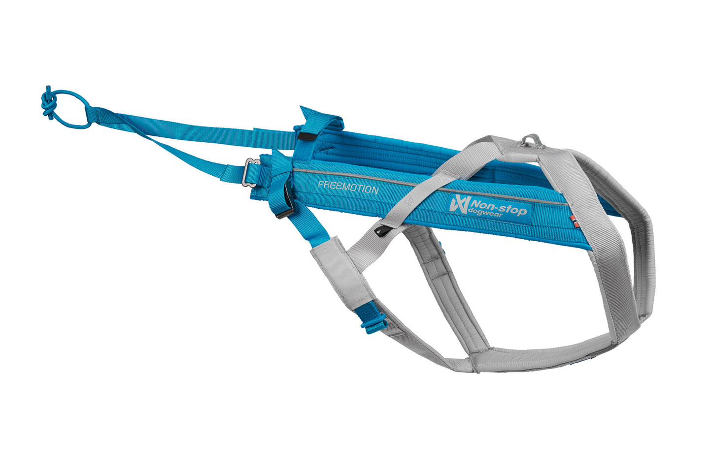 Stock image of the Freemotion Harness, a blue and grey canicross harness with Non-stop branding.