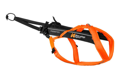 Stock image of the Freemotion Harness, a black and orange canicross harness with Non-stop branding.