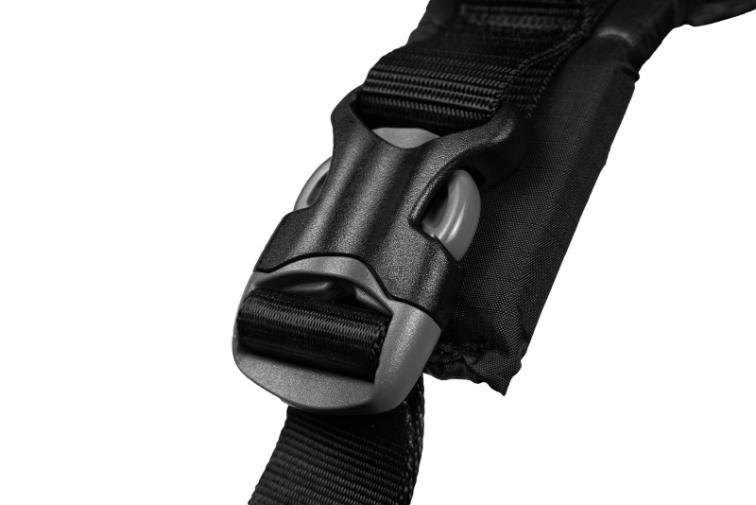 Detailed photo of the buckles of the harness, on a white background.