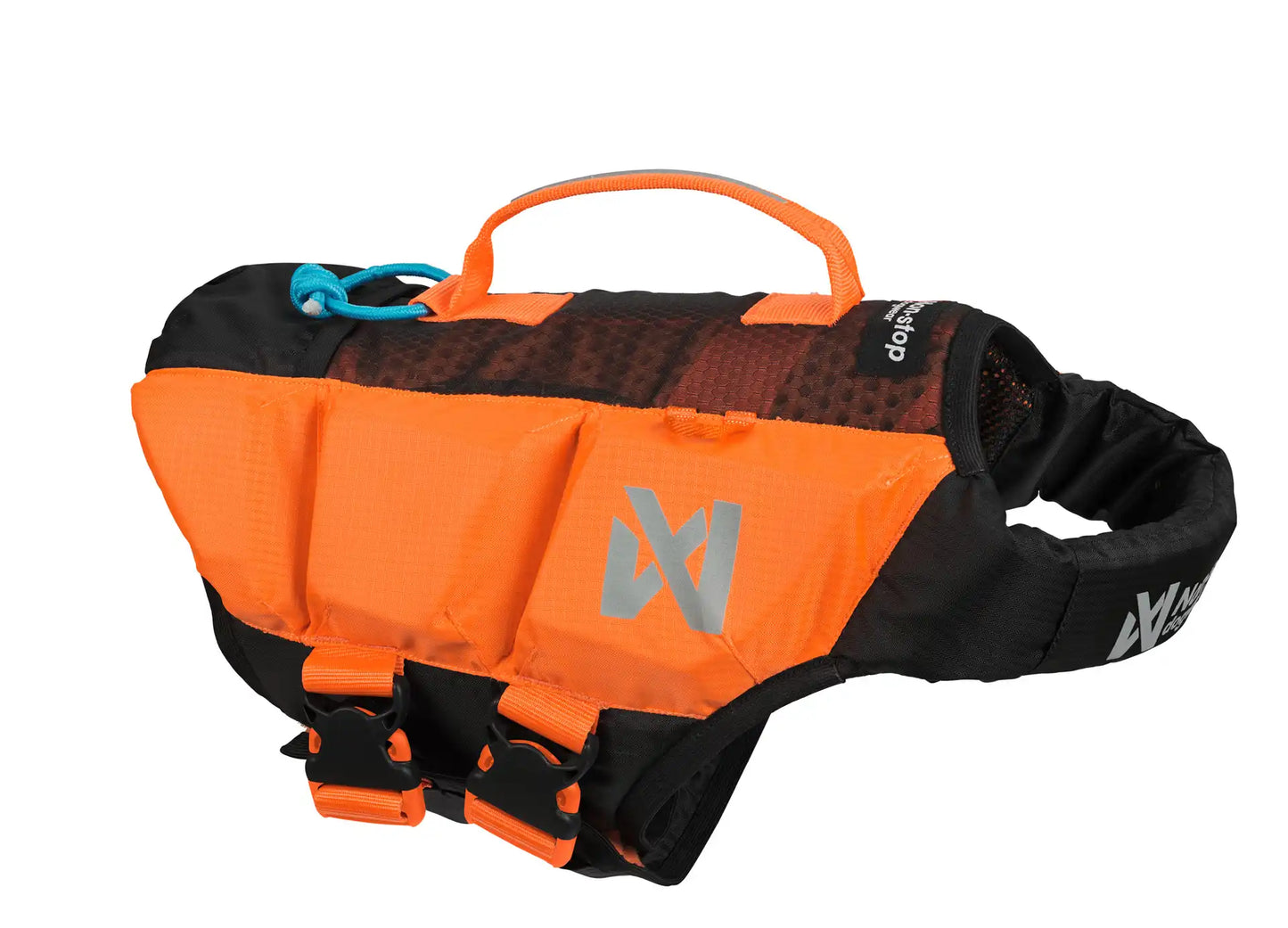 Stock image of the Protector Life Jacket, an orange lifejacket with a handle for dogs, against a white background.