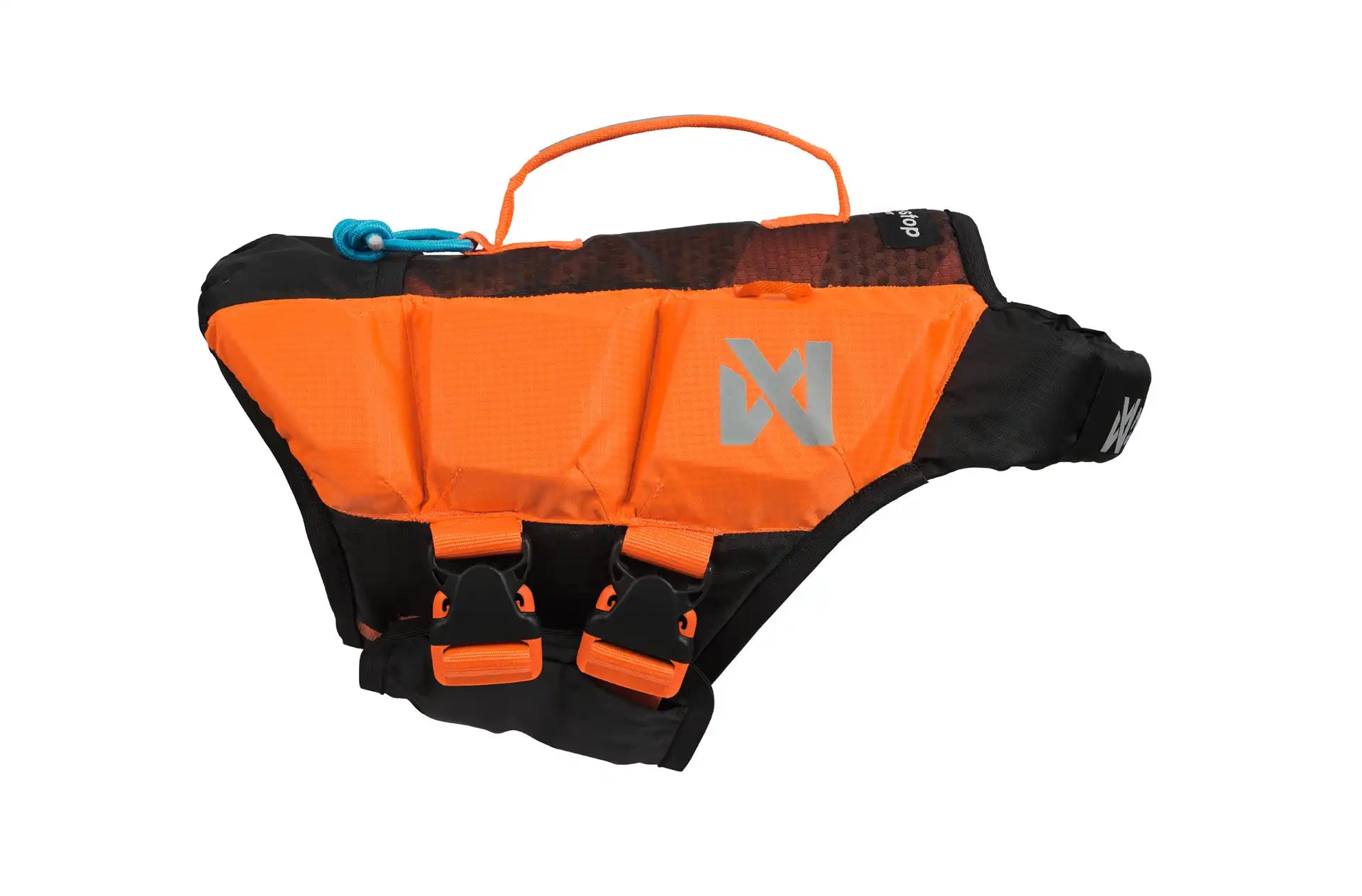Stock image of the Protector Life Jacket, an orange lifejacket with a handle for dogs, against a white background.