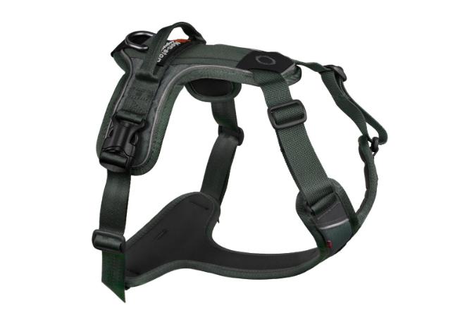 Stock image of the Ramble Harness, a dark green harness with a handle, on a white background.