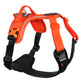 Stock image of the Ramble Harness, an orange and black harness with a handle, on a white background.