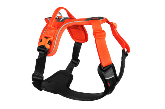 Stock image of the Ramble Harness, an orange and black harness with a handle, on a white background.