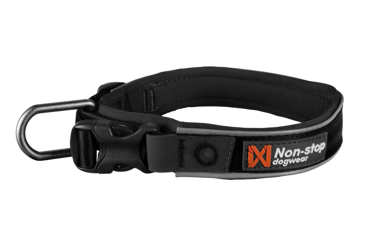 Stock image of the black Roam Collar, a collar with Non-stop branding, on a white background.